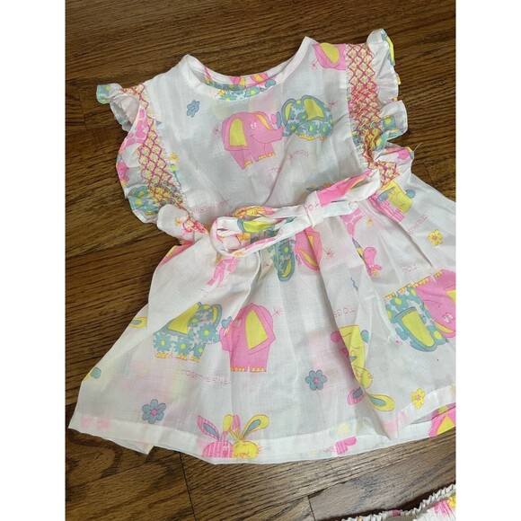 VTG 80s Her Majesty Elephant 2 Piece Pink Yellow Smocked Summer Ruffle Bloomers - Picture 3 of 14
